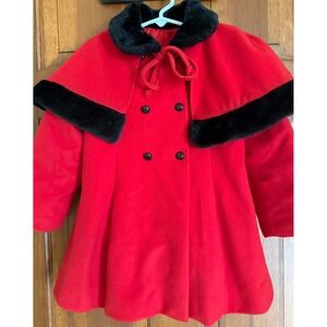 F.W. Fischer Girls Dress Coat Size 4T Red Faux Fur Trim Detachable Capelet USA